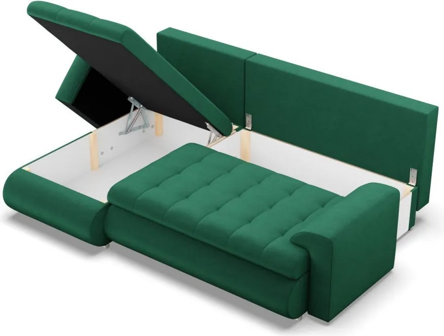 Tokio sarokkanapé, 2 ágyneműtartóval, bársony, baloldali, zöld