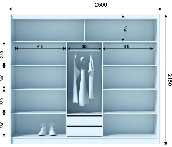 Tükrös gardróbszekrény SANTINO 250x215 cm fehér/craft tölgy