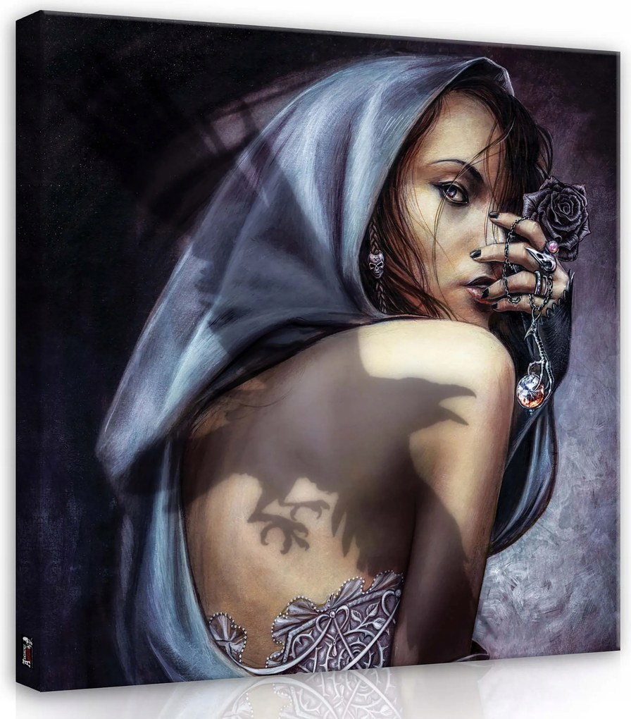 Vászonkép 40x40 Nő titokzatos fekete rózsa árnyék tetoválás misztikus melankólia