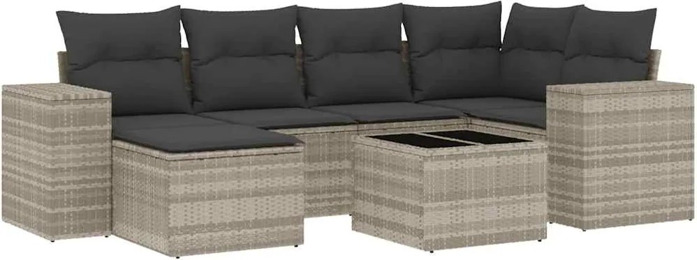 vidaXL 7 részes világosszürke polyrattan kerti ülőgarnitúra párnákkal