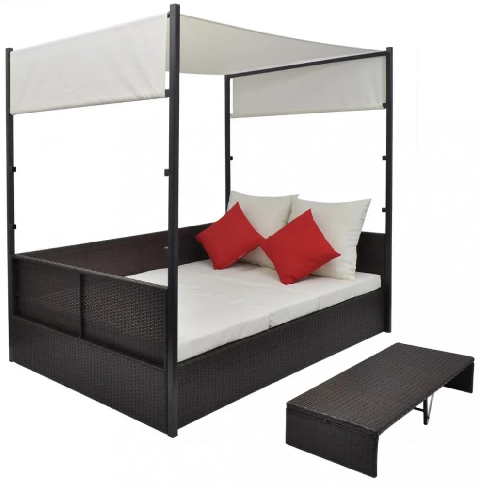 barna polyrattan napellenzős kerti ágy 190 x 130 cm