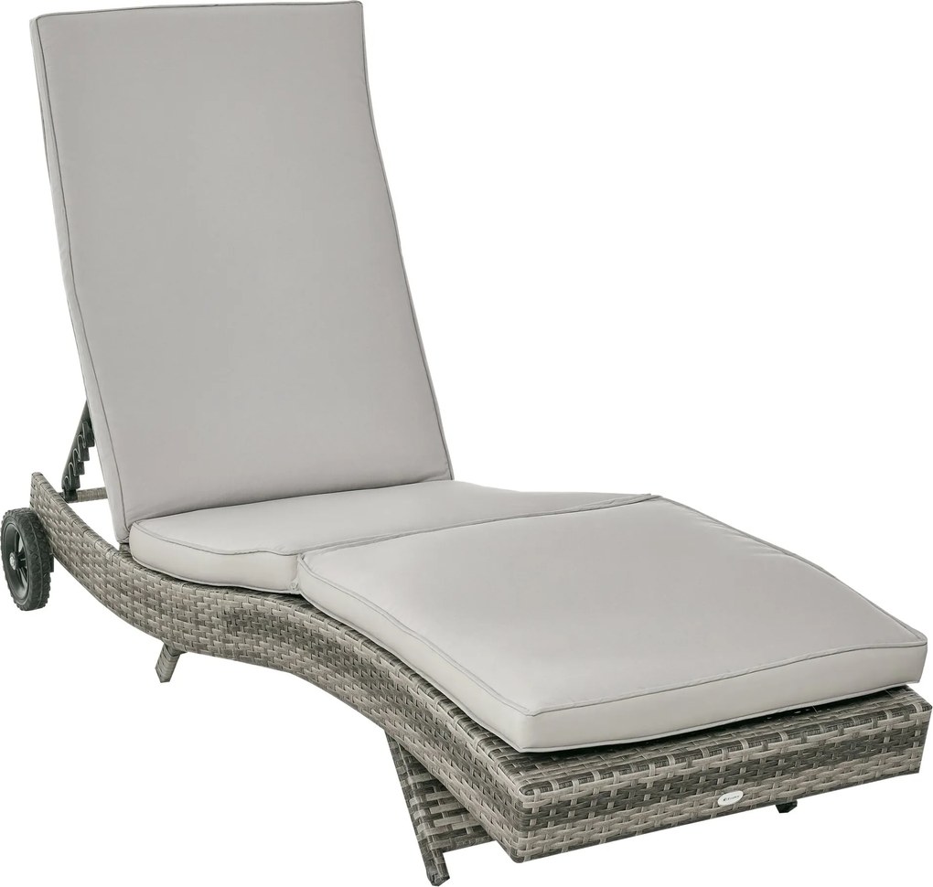 Outsunny Rattan Dönthető Kerti Fekvőágy S-Formájú Két Kerekével, 5 Fokozatban Állítható Hátmasszázs, Levehető Párnázattal teraszra 207x70x70 cm Világo