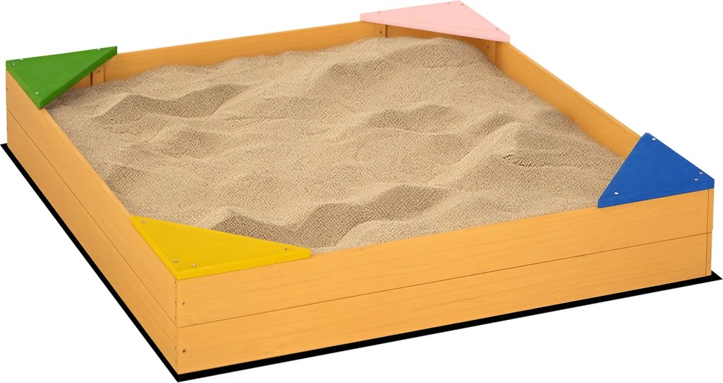 Outsunny Gyermek Fa Homokozó 3-8 Éves Gyerekeknek, Szögletes Formájú, 4 Ülőhellyel és Nem Szőtt Anyaggal, Kertbe, Teraszra 109x109x19.8 cm Természetes