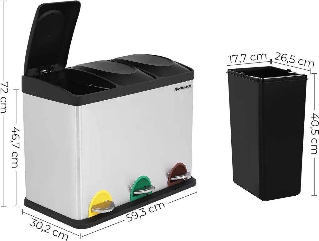 Szelektív szemeteskuka 3x15L, ezüst
