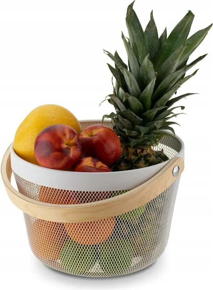 Fém kosár konyhába, fa fogantyúval, fehér