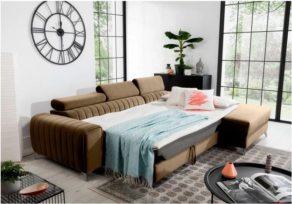 Világosbarna bársony kinyitható-tárolóhelyes sarokkanapé (jobb oldali-heverő résszel) Grayson – ELTAP