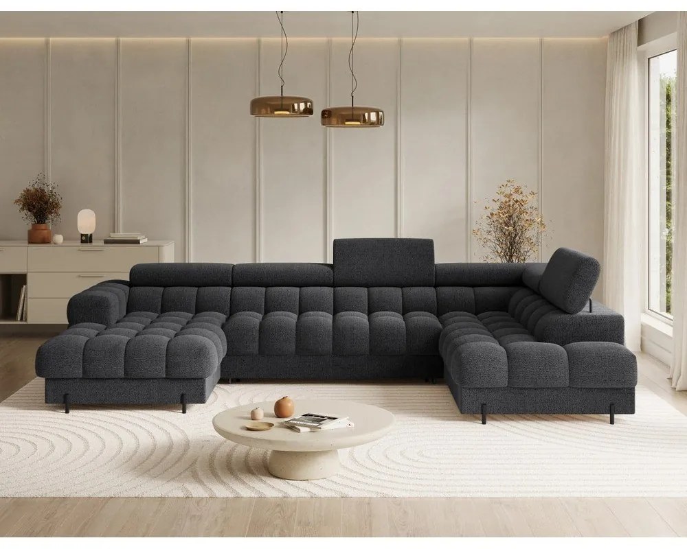 Sötétszürke buklé kinyitható sarokkanapé (jobb oldali-U alakú) Feraria – ELTAP
