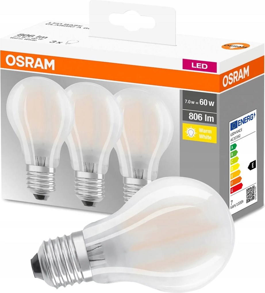 3PAK Led izzó E27 A60 7W 60W 806lm 2700K Meleg 300° Filament Osram