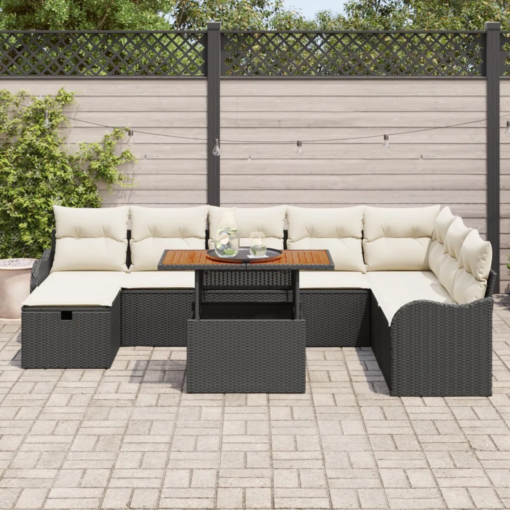9 részes kerti kanapé szett párnákkal Fekete Polyrattan, 2 személyes kerti kanapé párnákkal Fekete Polyrattan