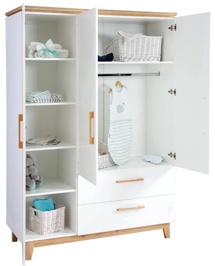 Fehér gyerek ruhásszekrény tölgyfa dekorral 135x200 cm Finn – Roba