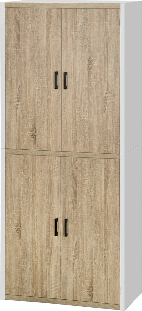 HOMCOM Konyhai Spájz Szekrény 4 Állítható Polccal, MDF Konyhai Szekrény, 4 Ajtóval és Felbillenésgátlóval, 80x40x182cm, Természetes Fa és Fehér | Aoso