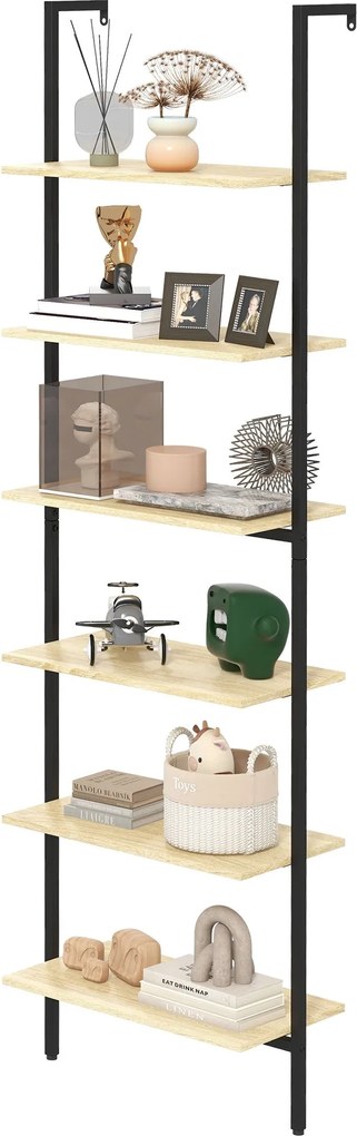 HOMCOM Fali Létra Polcos Könyvespolc Ipari Tárolópolc 6 Polccal Fekete Acél Természetes Fa Hatás - méret: 60 x 30 x 206 cm | Aosom