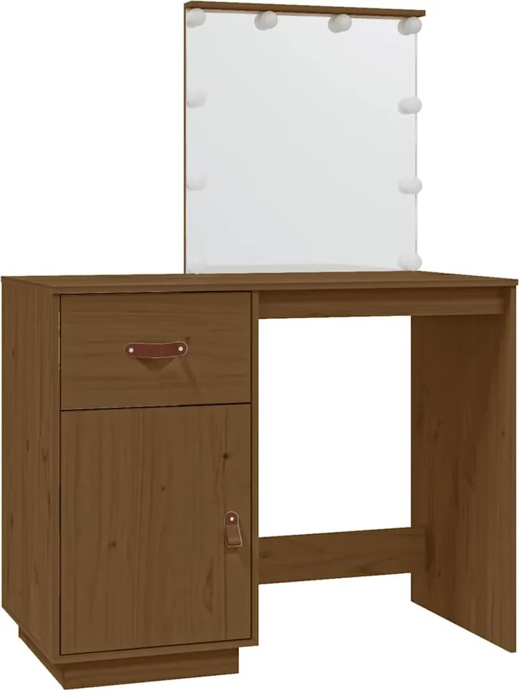 vidaXL mézbarna tömör fenyőfa fésülködőasztal LED-del 95x50x133,5 cm