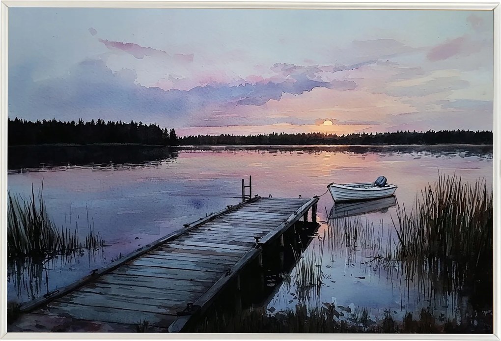 Poszter Keret Alumínium Tájkép Tó Kikötő Híd Csónak Nap 60x40