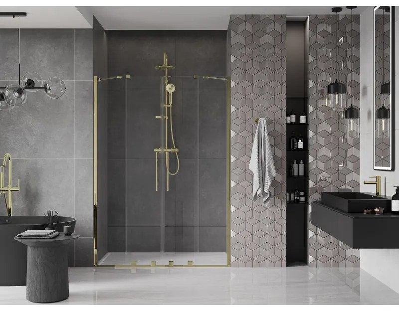 Mexen Velar Duo, nyitható tolóajtó 150x200 cm, 8mm átlátszó üveg, arany fényes, 871-150-000-02-50