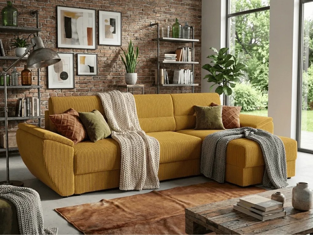 Ágyazható, kétoldalú sarokkanapé TAVERO 251x140 cm, mustárszínű