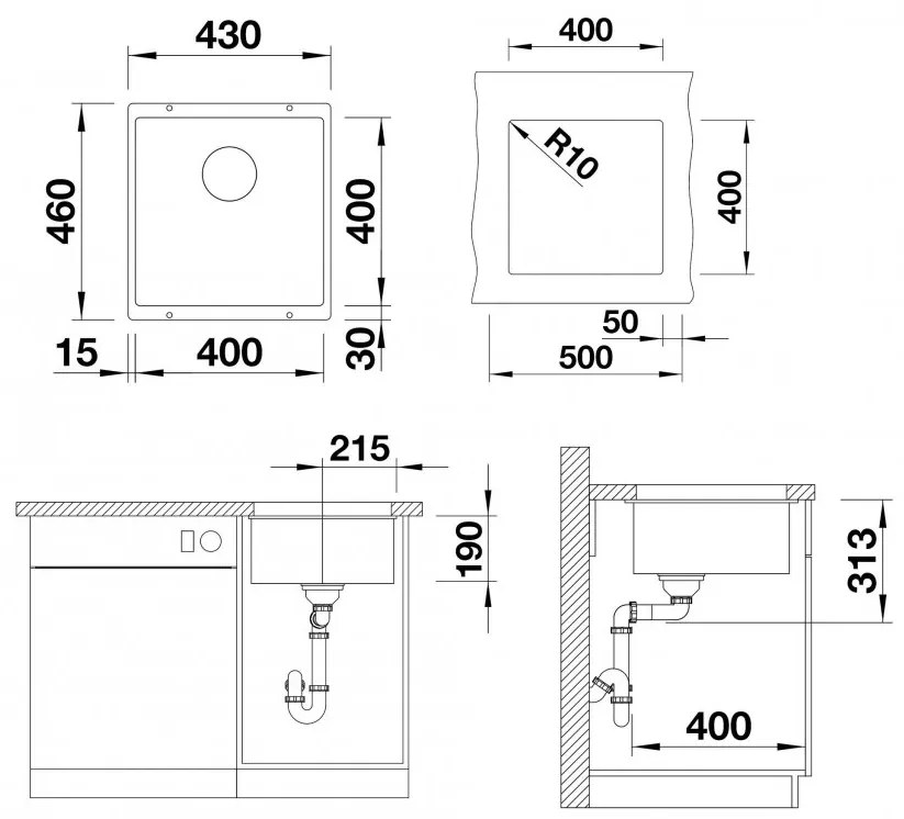 Blanco Subline 400-U, szilgránit mosogató a munkalap alatt 400x400x190 mm, 1 kamrás, szürke vulkán, BLA-527349