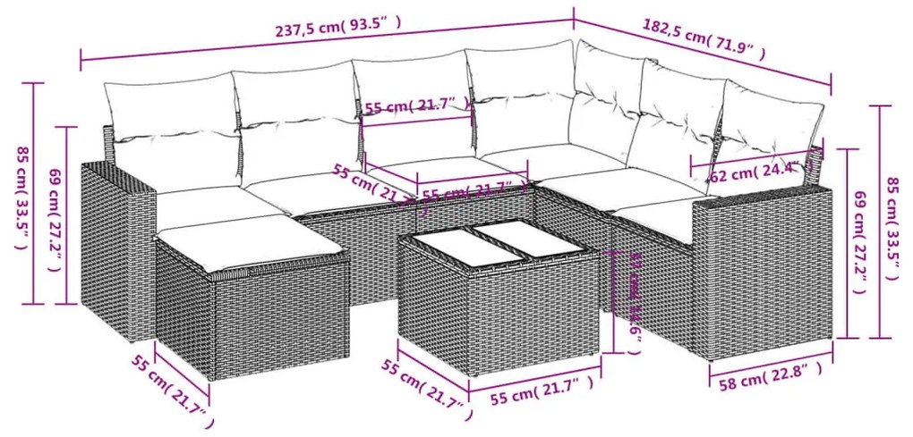 8 részes barna polyrattan kerti ülőgarnitúra párnákkal