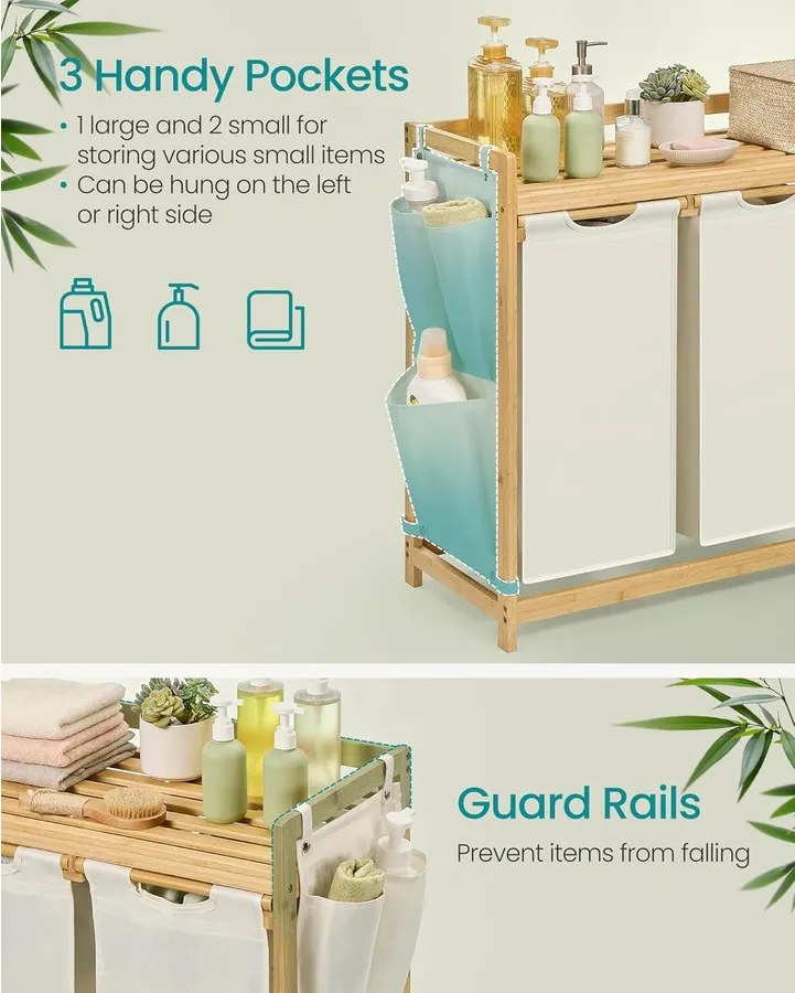 Szennyeskosár 3 rekesszel, 3 x 50 l, 94 x 33 x 78 cm, krémfehér