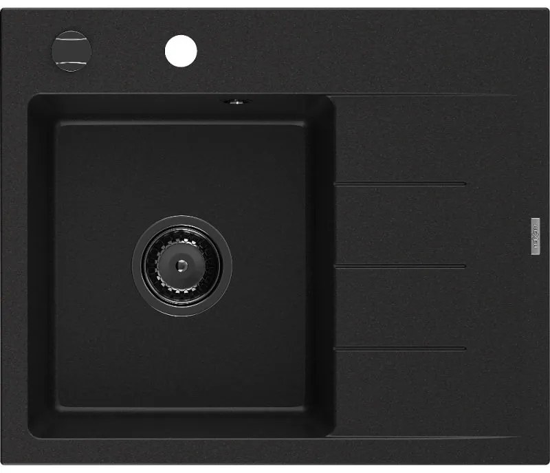 Mexen Ben gránit mosogató 1-medencés csepegtetővel, balos 600 x 500 mm, fekete, fekete szifon - 6522605000-77-B