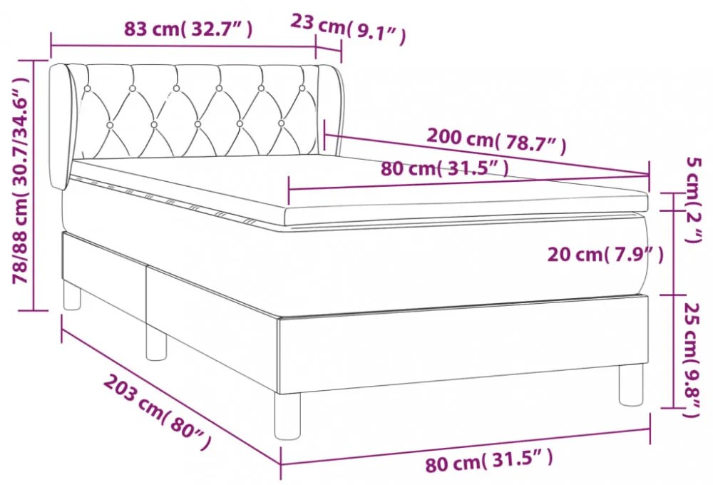 sötétszürke bársony rugós ágy matraccal 80 x 200 cm