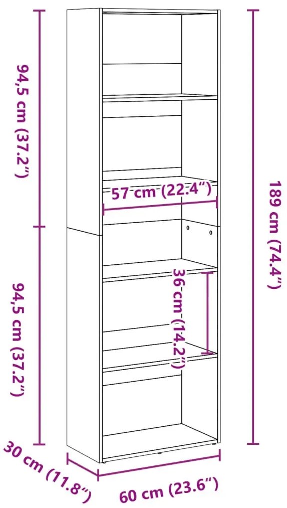 antik fa színű szerelt fa könyvespolc 60 x 30 x 189 cm