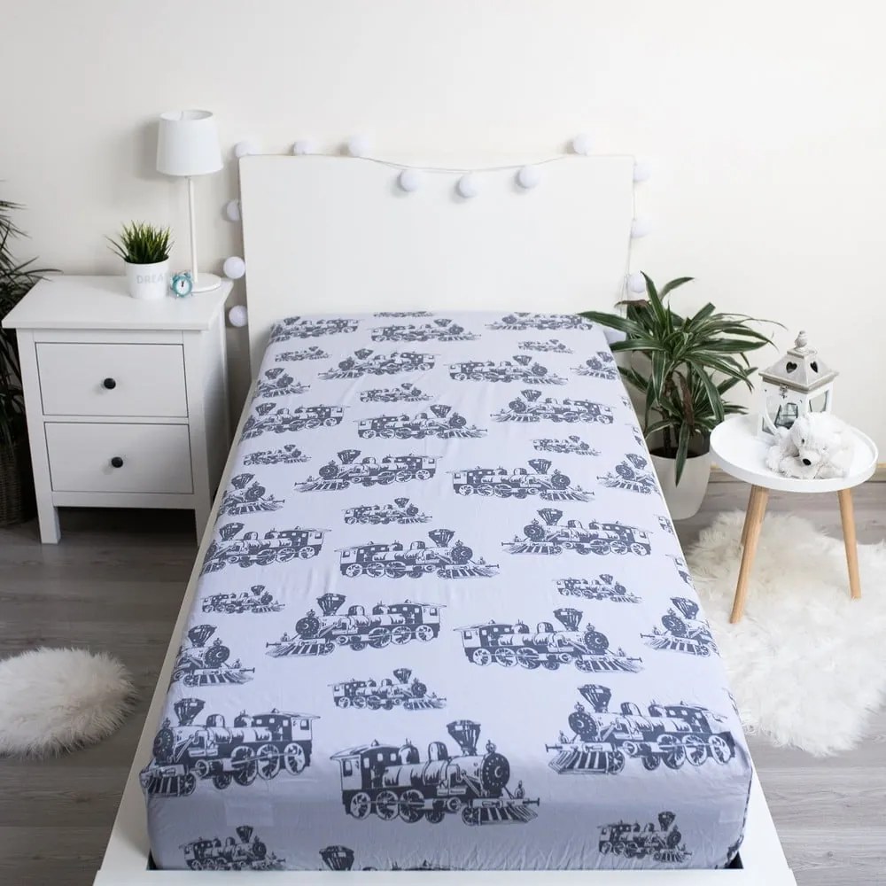 Szürke gumis pamut gyerek lepedő 90x200 cm Train – Jerry Fabrics