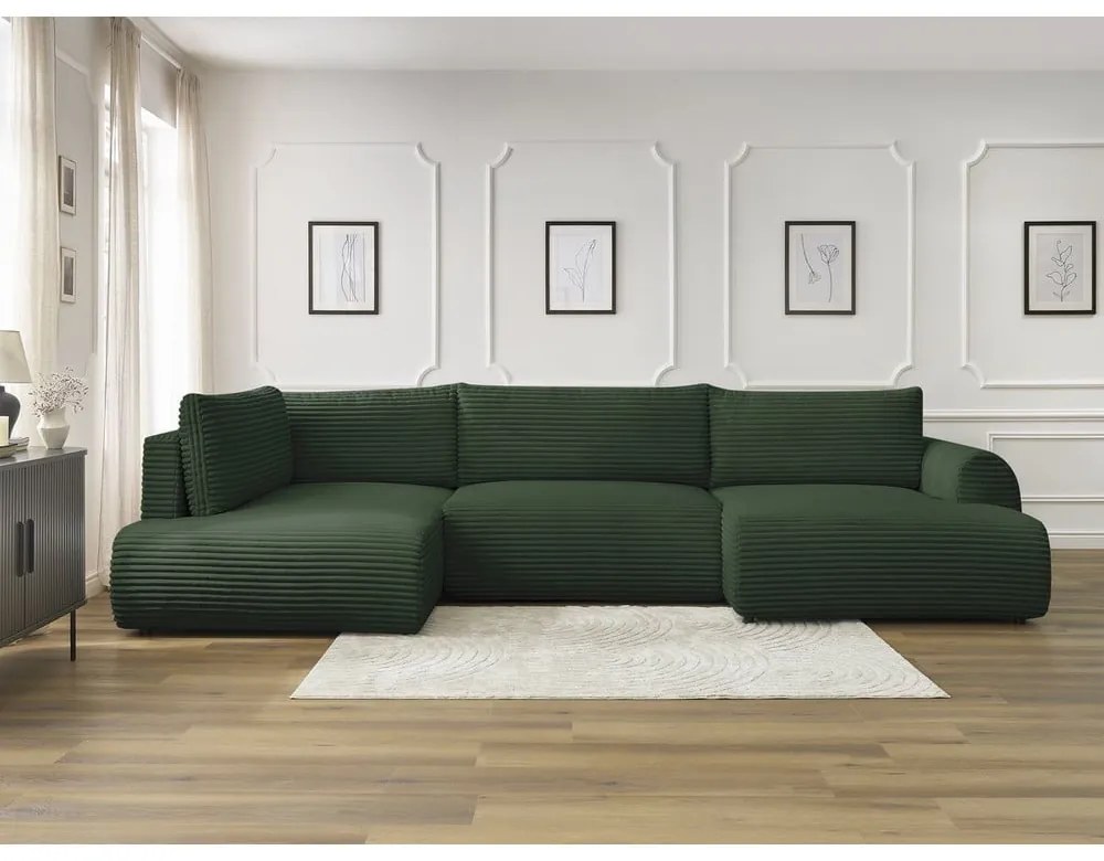 Sötétzöld kordbársony kinyitható-tárolóhelyes sarokkanapé (bal oldali-U alakú) Lucien – Bobochic Paris