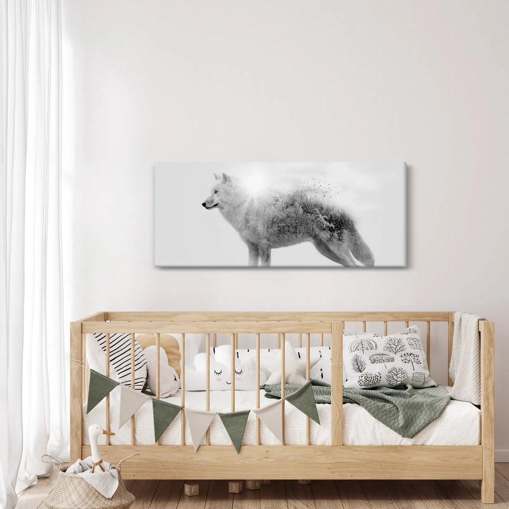 Kép - Vad tájat tükröző sarkvidéki farkas, fekete-fehér (120x50 cm)