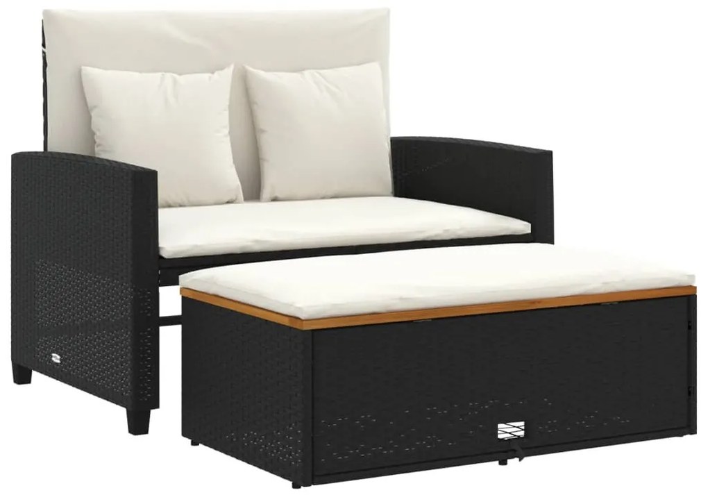 2 személyes fekete polyrattan/akácfa kerti kanapé párnával