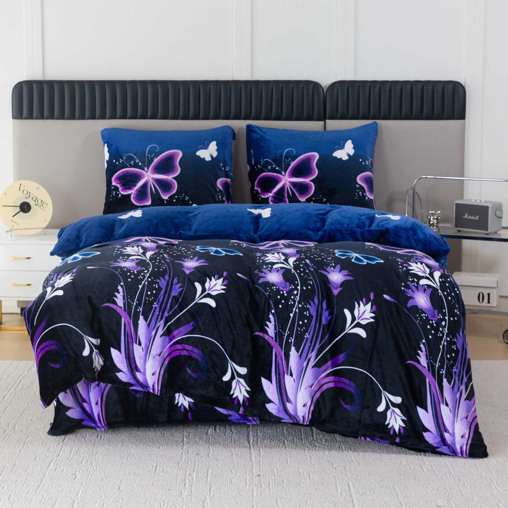 Mikroplüss ágyneműhuzat szett VIOLET BUTTERFLY sötétkék + mikroplüss lepedő SOFT 180x200 cm fehér, dupla ágyhoz