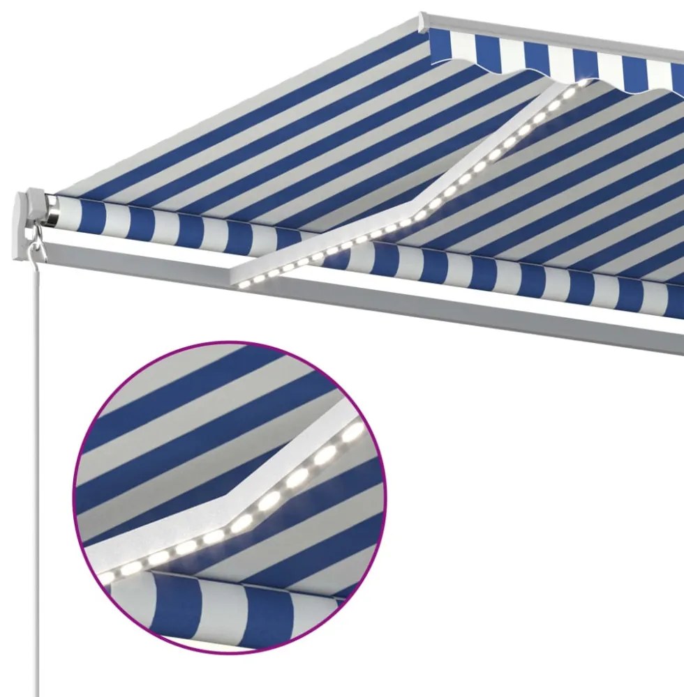 kék és fehér automata szélérzékelős és LED-es napellenző 5x3 m