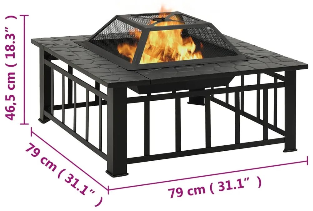acél XXL méretű tűztál piszkavassal 79 x 79 x 46,5 cm