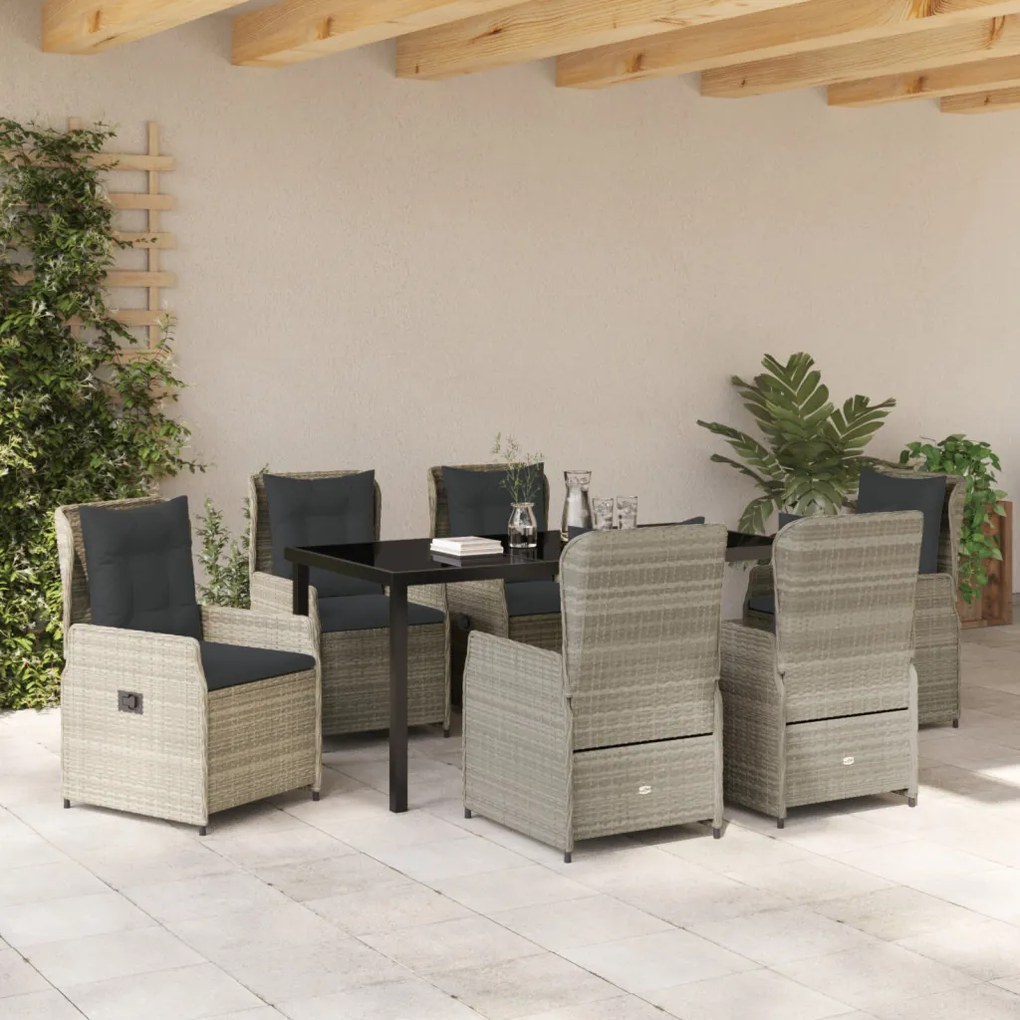 7 Darabos Kerti Étkező Szett Világosszürke Polirattan, Kerti Asztal Fekete 160x80x73 cm Edzett Üveg