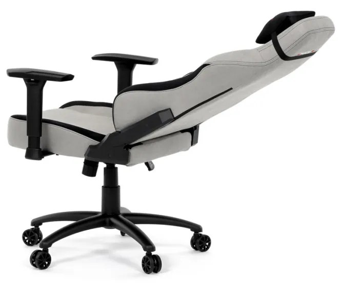 Scaun pivotant gamer, material argintiu, structură balansoar, poziționare spătar 90°-180°, cotiere 3D, perne din spumă cu memorie
