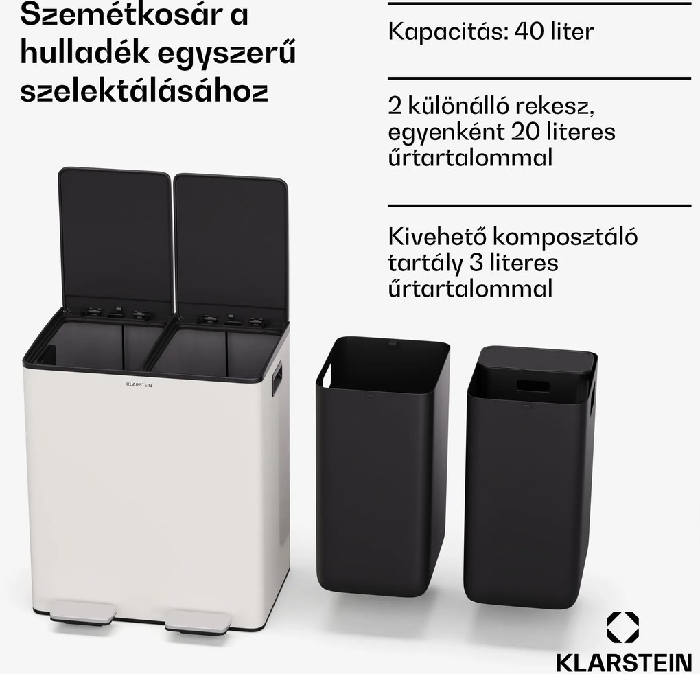 Klarstein EcoVista, hulladékgyűjtő komposztálóval, 40 l + 3 l/tároló + komposztáló, Soft-Close