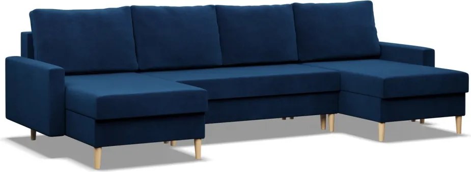 Etna U alakú sarokkanapé, 3 ágyneműtartóval, bársony, univerzális oldal, bonell töltet, kék