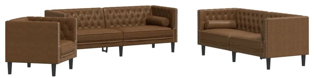 vidaXL 3 részes barna művelúr Chesterfield kanapészett hengerpárnákkal