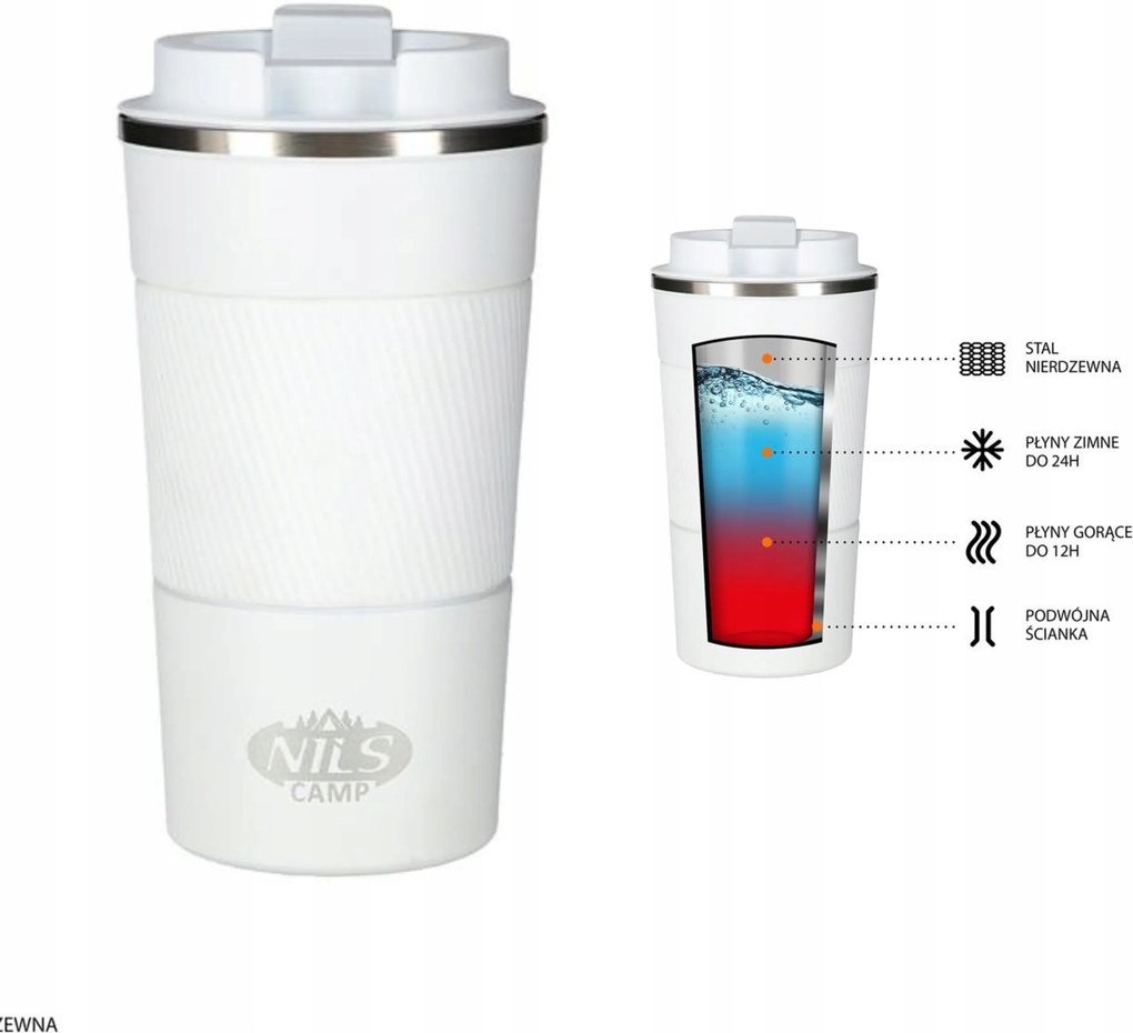 Thermo bögre fehér Nils 510ml acél fogantyú gumi termosz 12h