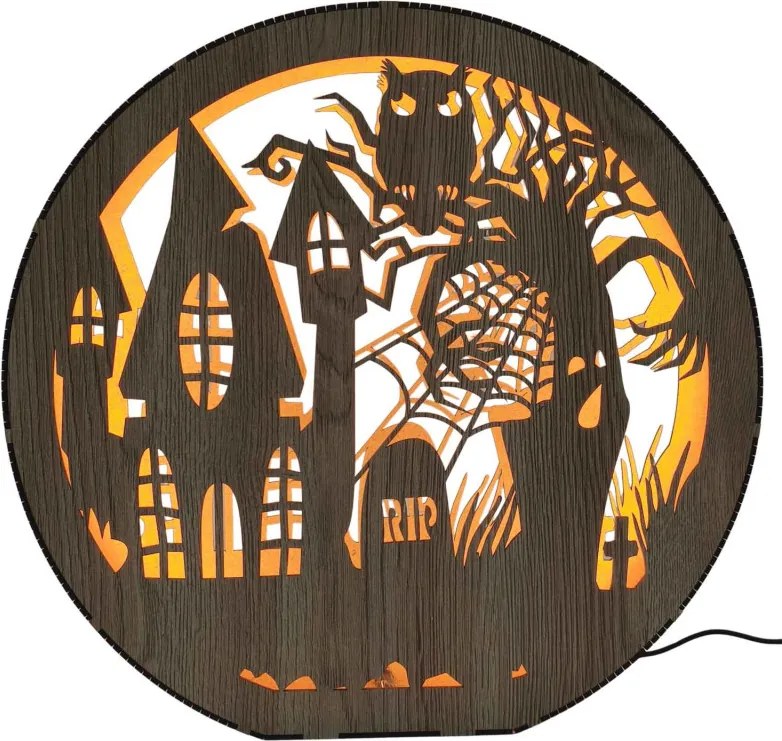 Fa Halloween lámpa - Kísértetház bagolyval | DRACO