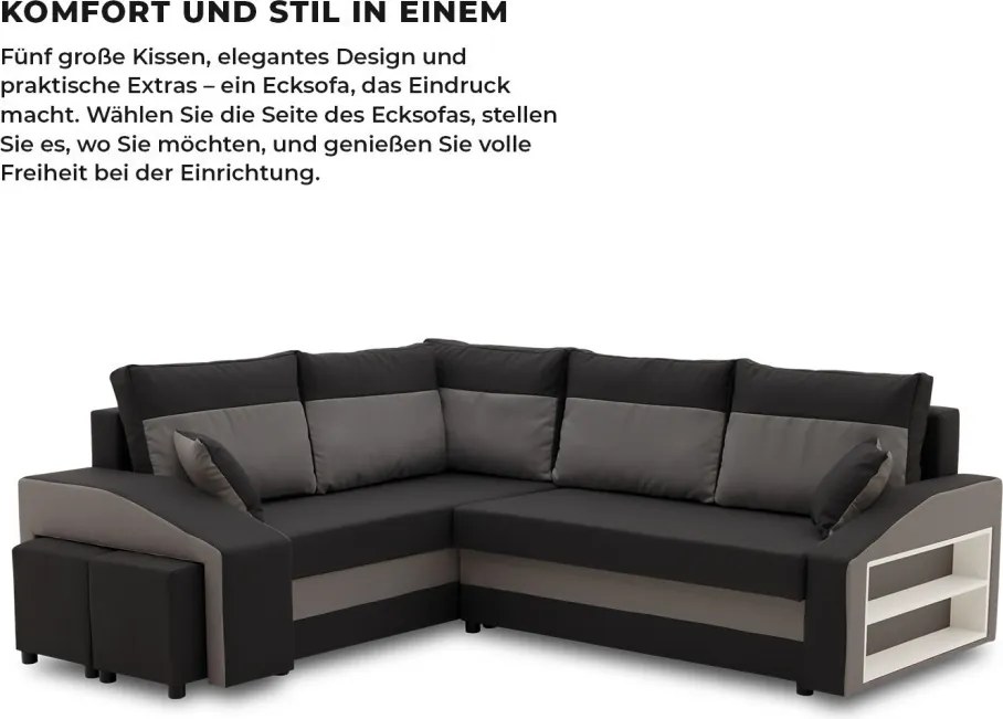 Grande sarokkanapé polcokkal és puffokkal , polc a jobb karfaban puffok a bal karfaban, baloldali, szövet anyag, bonell töltet, fekete - szürke