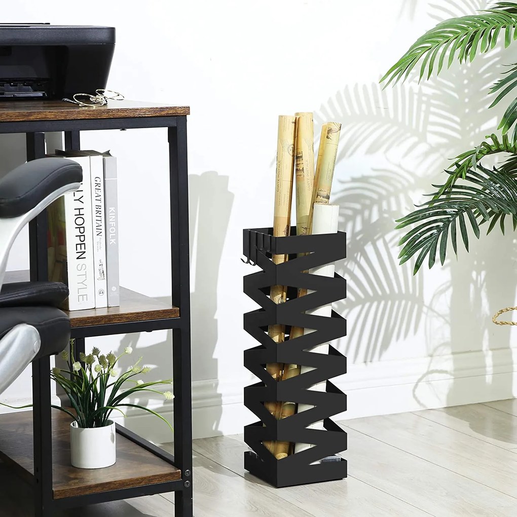 Fém esernyőtartó, akasztókkal és csepptálcával, 15,5x15,5x49 cm, fekete