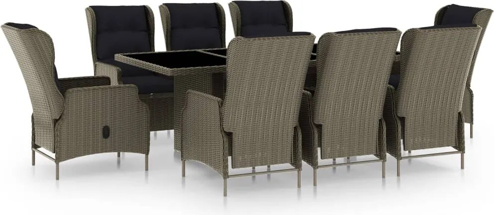 vidaXL 9 részes barna kültéri polyrattan étkezőszett párnákkal