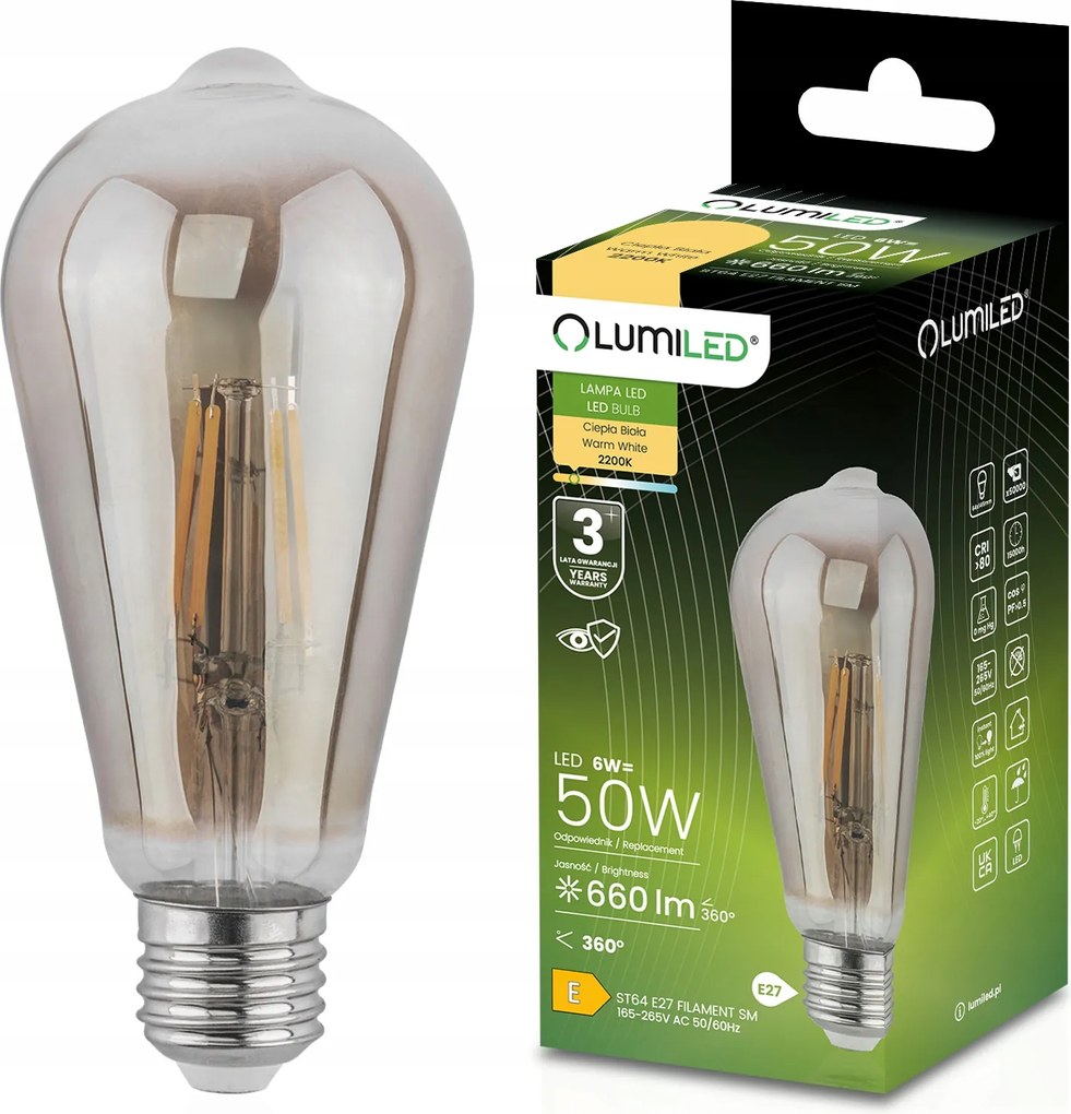 Led izzó E27 Edison ST64 6W Filament Dekoratív Retro Spirálfüst