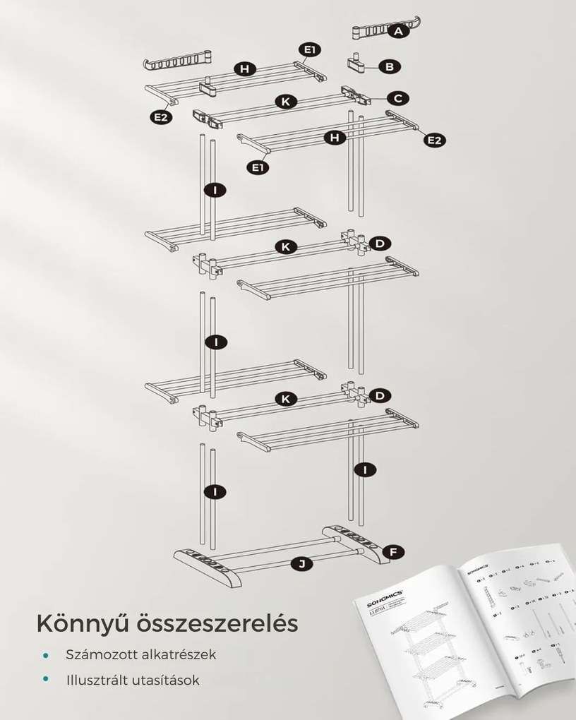 ELTON ruhaszárító 4 szintes, kerekekkel, 63,5x128x173cm, szürke SongmicsHome