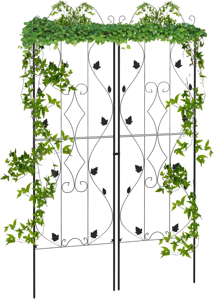 Outsunny acél léckeret 2 db, talajba szúrható lombmintás növénytámasz, 50 x 181 cm — fekete | Aosom