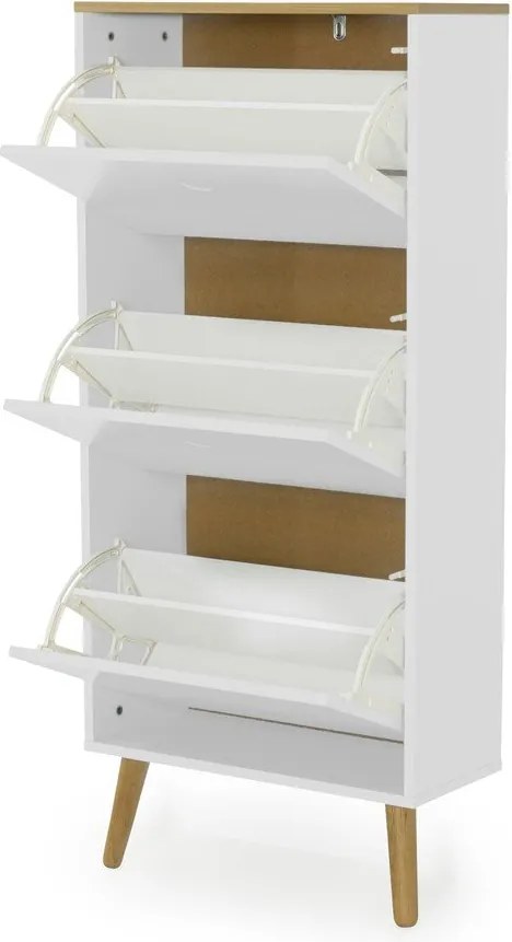 Dot fehér cipősszekrény tölgyfa dekorral, 3 billenős fiókkal - Tenzo