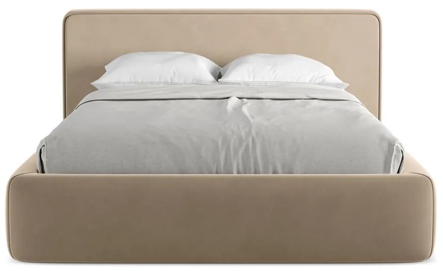 Világosbarna kárpitozott ágyneműtartós franciaágy ágyráccsal 140x200 cm Kiana – Makamii