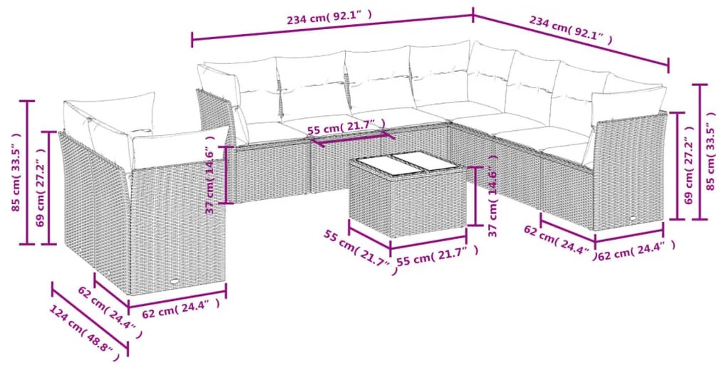 10 részes világosszürke polyrattan kerti ülőgarnitúra párnákkal