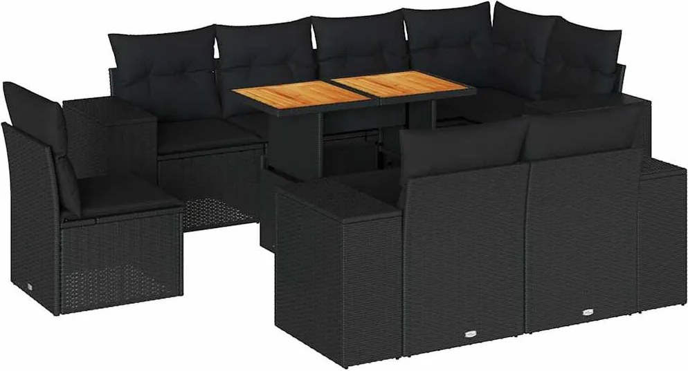 vidaXL 9 részes fekete polyrattan kerti ülőgarnitúra párnákkal